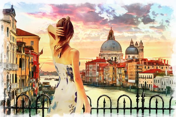 نقاشی دختر ایستاده در کانال بزرگ ونیز ایتالیا تصویرگری آبرنگ روغن روی بوم کاغذ دیواری ساختمان ها رودخانه زن غروب آفتاب هنر آثار هنری