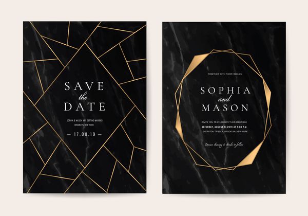 کارتهای دعوت عروسی با بافت پس زمینه مرمر سیاه و بردار خط هندسی طلا