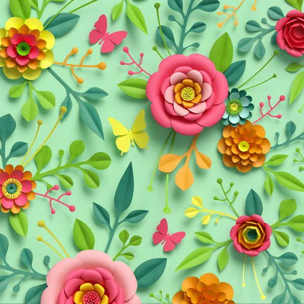 رندر سه بعدی گل های کاغذی کاردستی الگوی گل زینت گیاه شناسی رنگ های آب نبات روشن کلیپ طبیعت جدا شده در زمینه سبز نعناع تزئینات تزئینی