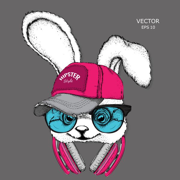 تصویر خرگوش در عینک هدفون و در کلاه هیپ هاپ تصویر برداری