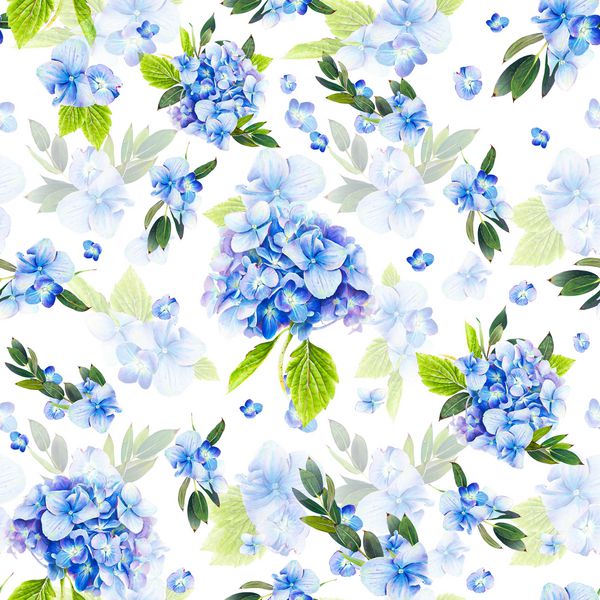 الگوی یکپارچه گل آبی و گل شاخ و برگ سبز تصویر توسط نشانگرها ترکیب گل زیبا روی زمینه سفید تقلید از نقاشی با آبرنگ