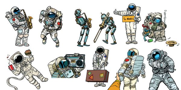 فضانوردان و روبات های مجموعه را تنظیم کنید فست فود مشتری نوازنده مسافر بی خانمان کارتون طنز کارتون پاپ هنر وکتور یکپارچهسازی با سیستمعامل وکتور کیت پرنعمت