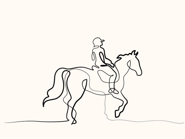 یک خط ترسیم مداوم اسب و سوار بر روی آرم اسب سواری تصویر برداری سیاه و سفید مفهوم آرم کارت بنر پوستر بروشور