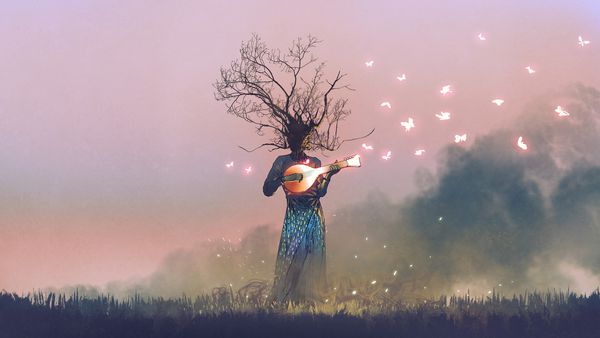 موجودی با سر شاخه ابزار جادویی بانژو با پروانه های درخشان سبک هنر دیجیتال نقاشی مصور