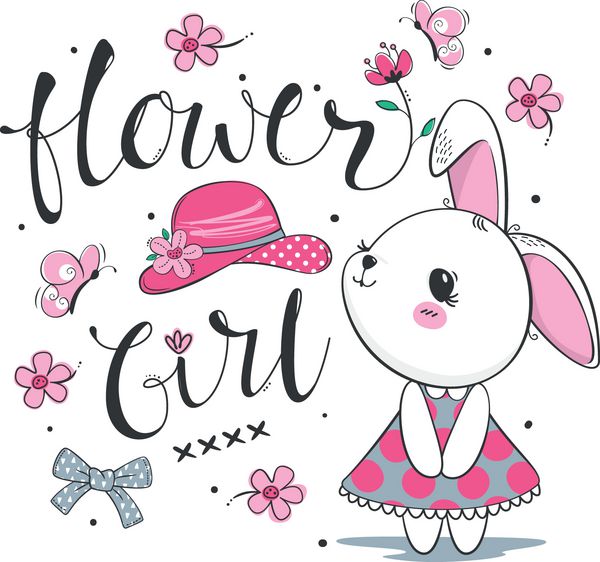 دختر خرگوش ناز با گل جدا شده در وکتور تصویر زمینه پس زمینه سفید