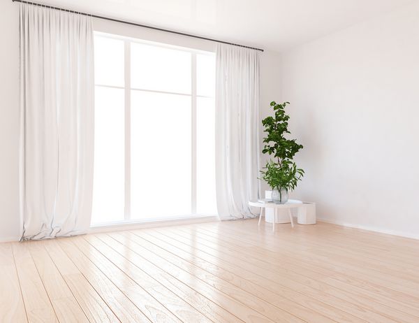 ایده ای از فضای داخلی اتاق اسکاندیناوی خالی با گلدان های روی کف چوبی و دیوار بزرگ و چشم انداز سفید در پنجره با پرده داخلی داخلی شمال شرقی تصویر سه بعدی