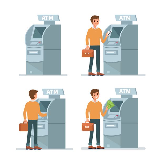 مشتری مرد با استفاده از کارت اعتباری در دستگاه اتم و برداشت پول تصویر سبک تخت جدا شده در پس زمینه سفید