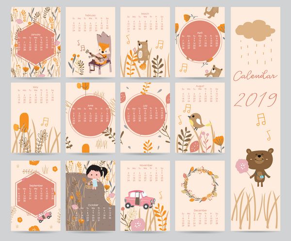 تقویم ماهانه زیبا و جذاب 2018 با خرس ماشین دختر برگ گل تاج گل می توان برای وب بنر پوستر برچسب و قابل چاپ استفاده کرد