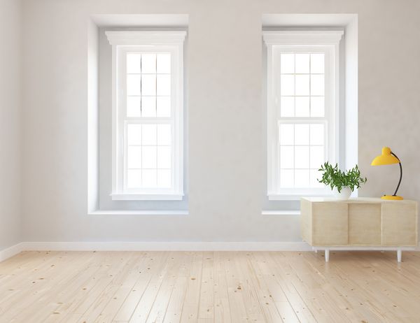 ایده داخلی فضای داخلی اتاق اسکاندیناوی خالی با کمد در کف چوبی و دیوار بزرگ و چشم انداز سفید در ویندوز داخلی داخلی شمال شرقی تصویر سه بعدی