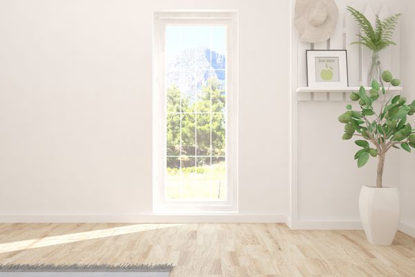 اتاق خالی سفید با چشم انداز تابستانی در پنجره طراحی داخلی اسکاندیناوی تصویر سه بعدی