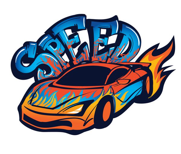سرعت اتومبیل اسپرت با آتش نقاشی متن به سبک نقاشی دیواری بر روی دیوار سفید حرکت اتومبیل