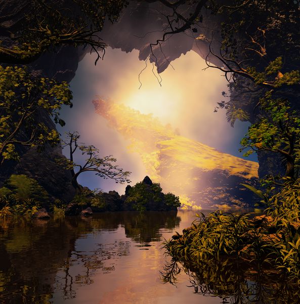 تصویری سه بعدی از منظره که در آن داخل غاری با دریاچه ای کوچک و پوشش گیاهی مشاهده می شود که در فضای ابری شکل بزرگ در پس زمینه ایجاد می کند