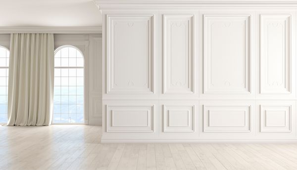 داخلی خالی کلاسیک با دیوار سفید کف چوب پنجره و پرده ارائه تصویر سه بعدی