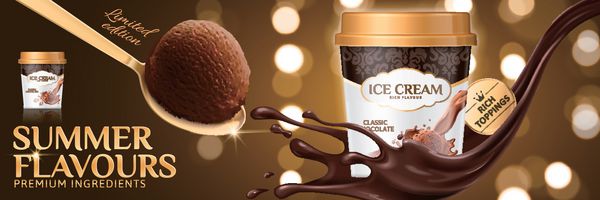 فنجان بستنی شکلاتی Premium کلاسیک با قاشق چنگال یخ و سس پاشیده شده روی زمینه براق تصویر سه بعدی