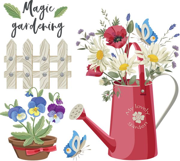 مجموعه باغبانی جادویی طراحی کارت باغ زیبا گلهای تابستانی