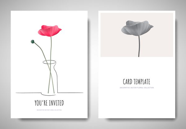 طراحی قالب کارت تبریک دعوت نامه مینیمالیستی گلهای کوکنار صورتی در گلدان های ساده خط در زمینه سفید