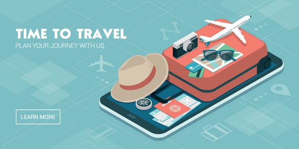 برنامه سفر جهانگردی و رزرو تجهیزات سفر و چمدانها در تلفن هوشمند صفحه لمسی تلفن همراه