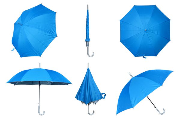 مجموعه ای از چتر آبی جدا شده در یک پس زمینه سفید