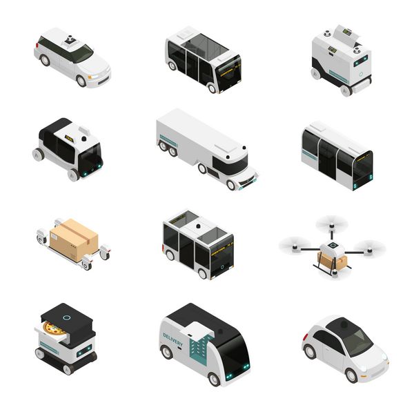 نمادهای ایزومتریک وسایل نقلیه خودمختار اتوبوس بدون راننده تاکسی و کامیون سیستم های تحویل روباتیک تصویر برداری جدا شده