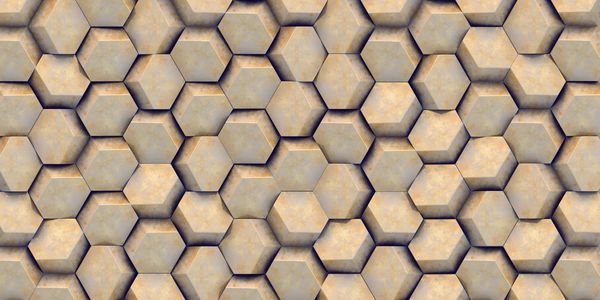 تصویر سه بعدی پس زمینه طلایی شش ضلعی با تأثیر عمق میدان تعداد زیادی از شش گوش طلا پانل سه بعدی سلولی طلایی ارائه دادن بافت سه بعدی یک دیوار خوشه های شش ضلعی