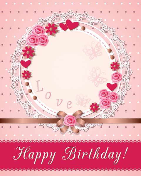 کارت تولد با کتیبه دست نوشته تولدت مبارک روی روبان و گلهای دفترچه فروشی روی دستمال بازکنی eps10