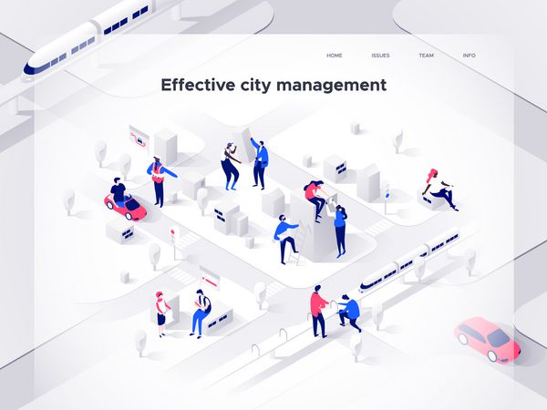 مردم در یک تیم کار می کنند و یک شهر هوشمند را می سازند مفهوم صفحه فرود تصویر برداری ایزومتریک 3D