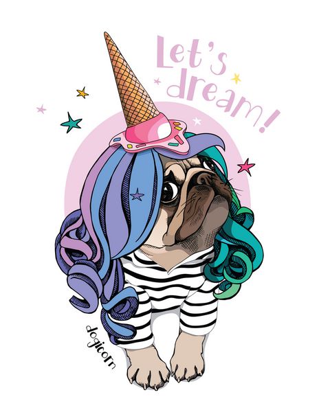 تصویر برداری با Pug Dog در یک ژاکت کش با راه راه کلاه گیس رنگی و کلاه مهمانی بستنی بگذارید به نقل از رؤیاهای رویایی amp x27؛ پوستر ترکیب تی شرت چاپ دستباف