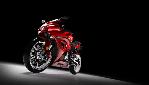 نمای جلوی موتور سیکلت ورزشی قرمز در کانون توجه در پس زمینه سیاه رندر سه بعدی موتور بی موتور