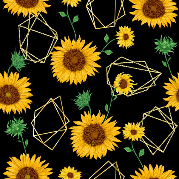 الگوی یکپارچه با اشکال چند ضلعی طلایی و گل آفتابگردان به سبک آبرنگ تصویر برداری