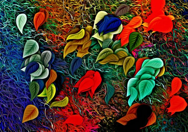 گرافیک رایانه ای از تلطیف پس زمینه گل روان انتزاعی استیکرهای هرج و مرج رنگی به شکل برگ