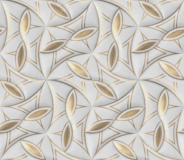 کاشی های چرمی سفید با کاغذ دیواری کلاسیک تزئین شده با طلا 3 بعدی بافت واقع بینانه بدون درز با کیفیت بالا