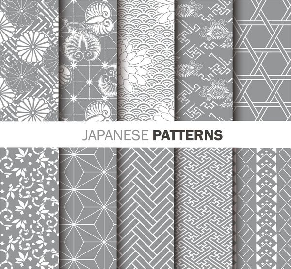 مجموعه وکتورهای الگوی ژاپنی خاکستری و سفید تصویر سازی با لوازم جانبی سنتی آسیا پیش زمینه کشیده شده با دست کاغذ دیواری تزئینی مناسب برای چاپ