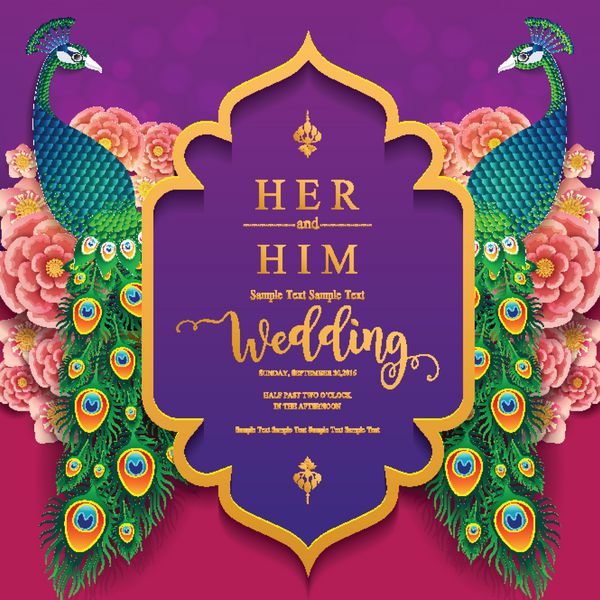 قالب های کارت دعوت عروسی با پرهای طاووس طلایی با طرح های مختلف و کریستال های روی کاغذ رنگی طرح بندی شده اند