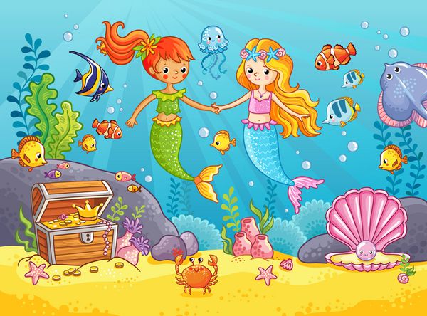 پری دریایی در بین ماهی ها دست نگه دارد دخترهای پری دریایی و x27؛ s تصویر برداری با موضوع دریا به سبک کارتون تصویر با ماهی در زیر آب
