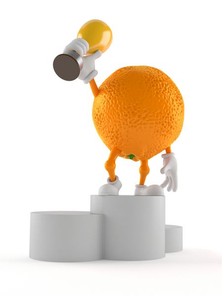 شخصیت نارنجی در غنیمت نگه داشتن تریبون جدا شده در پس زمینه سفید تصویر سه بعدی