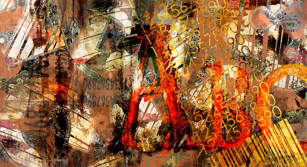 هنر کلاژ انتزاعی grunge با تعداد عناصر هندسی و تایپی زمینه رنگارنگ با رنگ های قرمز زرد نارنجی طلای قدیمی و سیاه