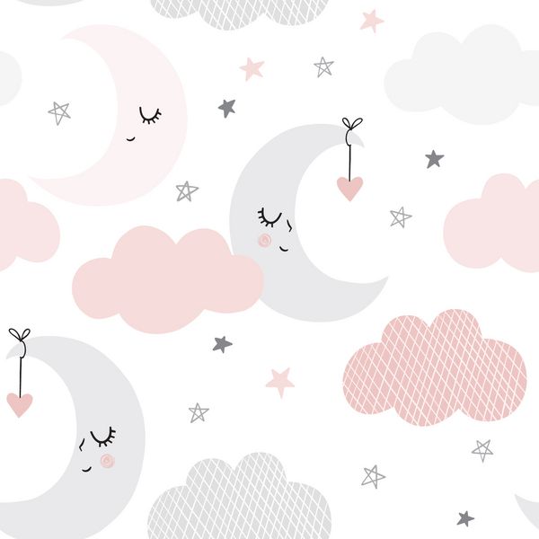 الگوی آسمان ناز طراحی وکتور بدون درز با لبخند ماه خواب قلب ستاره و ابر تصویر کودک
