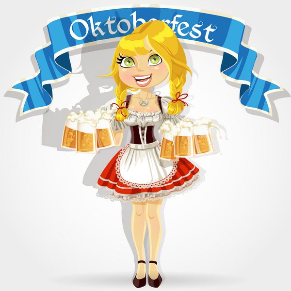 دختر زیبا با لباس سنتی با یک لیوان جشن Oktoberfest