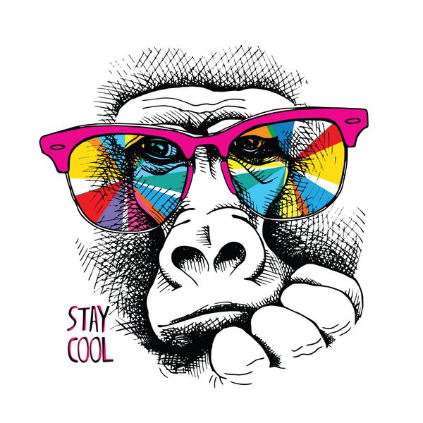 تصویر برداری پرتره میمون در عینکهای رنگین کمان باحال باشید نقل قول پوستر ترکیب تی شرت چاپ سبک دستی