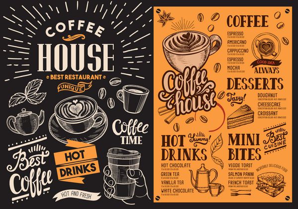 تخته سیاه منوی رستوران قهوه بروشور نوشابه برای و کافه الگوی طراحی با تصاویر غذایی پرنعمت دستی