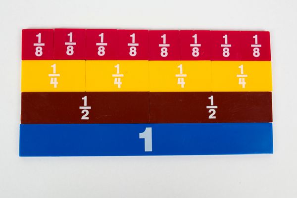تصویری از بلوک های رنگارنگ ریاضیات که رابطه کسری با تعداد کامل را نشان می دهد نمونه ای از ابزار ساده برای آموزش روابط شماره