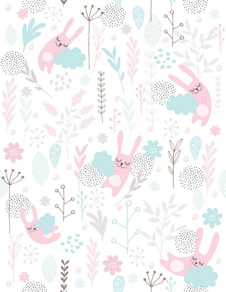 دست ناز کشیده خواب های برنزه کوچک الگوی وکتور خرگوشهای صورتی که روی ابرهای آبی خوابیده اند گلهای صورتی خاکستری و آبی شاخه و برگ زمینه سفید رنگهای ظریف و پاستیل