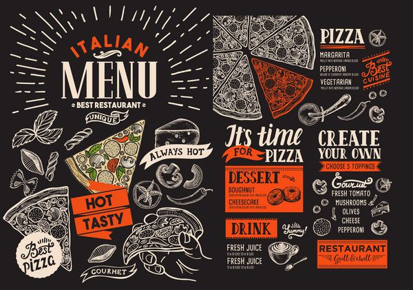 منوی رستوران پیتزا بروشور مواد غذایی وکتور برای و کافی نت در زمینه تخته سیاه و سفید الگوی طراحی با تصاویر دست کشیده پرنعمت