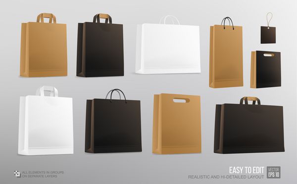 مجموعه کیف دستی خرید کاغذ برای مارک و طراحی هویت شرکت کاغذ مربع و افقی کیسه خرید بسته بندی Mockup خالی