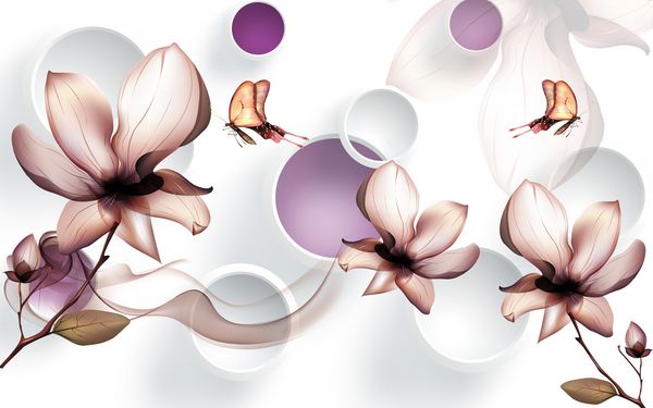 تصویر سه بعدی زمینه سفید زیبا با حلقه ها گل ها و پروانه ها