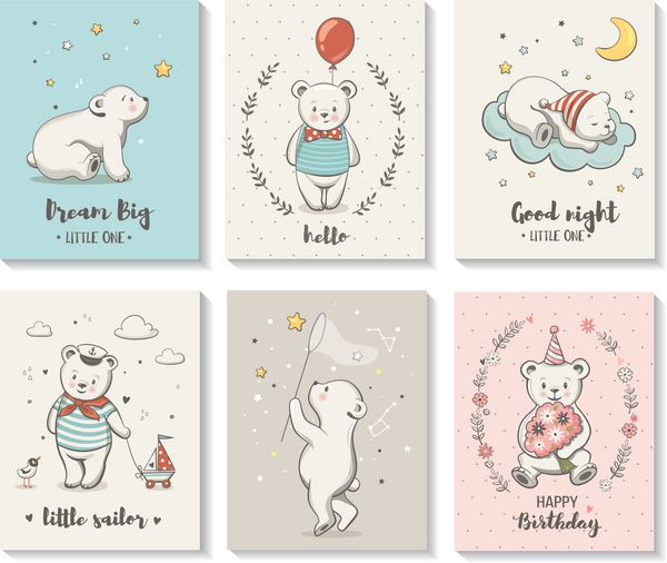 کارتهای زیبا با خرس کوچک شخصیت های وکتور مجموعه پوسترهای اتاق کودک حمام کودک کارت تبریک تی شرت های بچه گانه و کودک و لباس ترسیم دستی مهد کودک