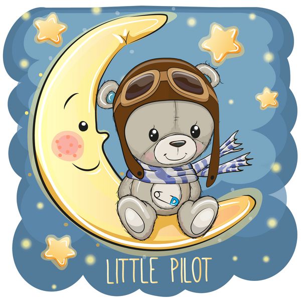کارتون ناز Teddy Bear در یک کلاه خلبانی روی ماه نشسته است