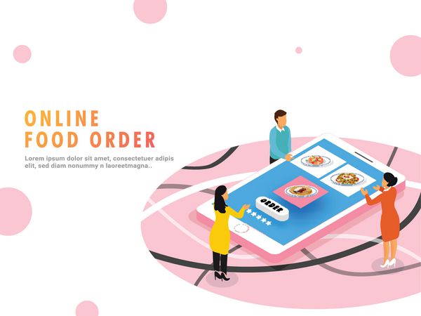 مفهوم سفارش غذای آنلاین برنامه تلفن همراه مواد غذایی روی صفحه نمایش گوشی های هوشمند تحویل آنلاین با ناوبری نقشه به مقصد مقصد و چند کاربر سفارش آنلاین غذا