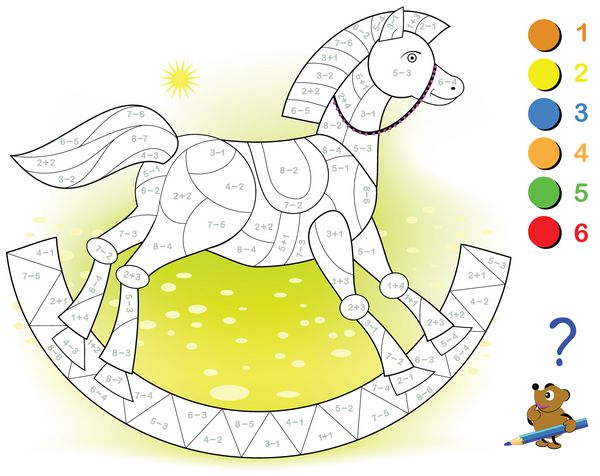 صفحه آموزشی با تمریناتی برای کودکان در جمع و تفریق نیاز به حل نمونه ها و رنگ آمیزی اسب اسباب بازی های سنگی در رنگ های مربوطه پرورش مهارت برای شمارش تصویر برداری