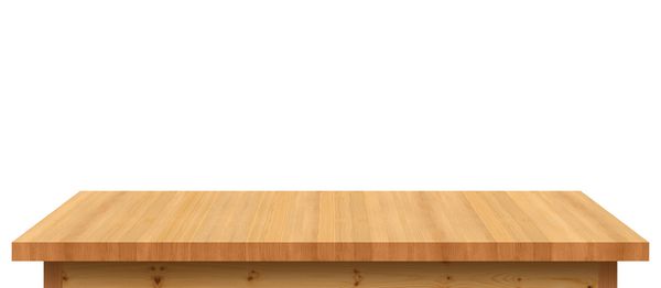 سفره چوبی خالی جدا شده بر روی زمینه سفید برای قرار دادن محصول یا مونتاژ خود با تمرکز به بالای جدول در پیش زمینه قفسه چوبی کاج خالی قفسه ها